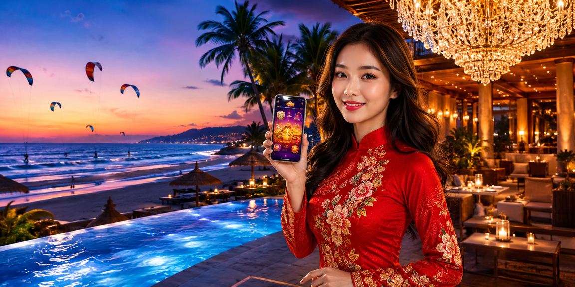 Người dùng trải nghiệm ứng dụng casino và xem ưu đãi voucher tại Mũi Né trên điện thoại