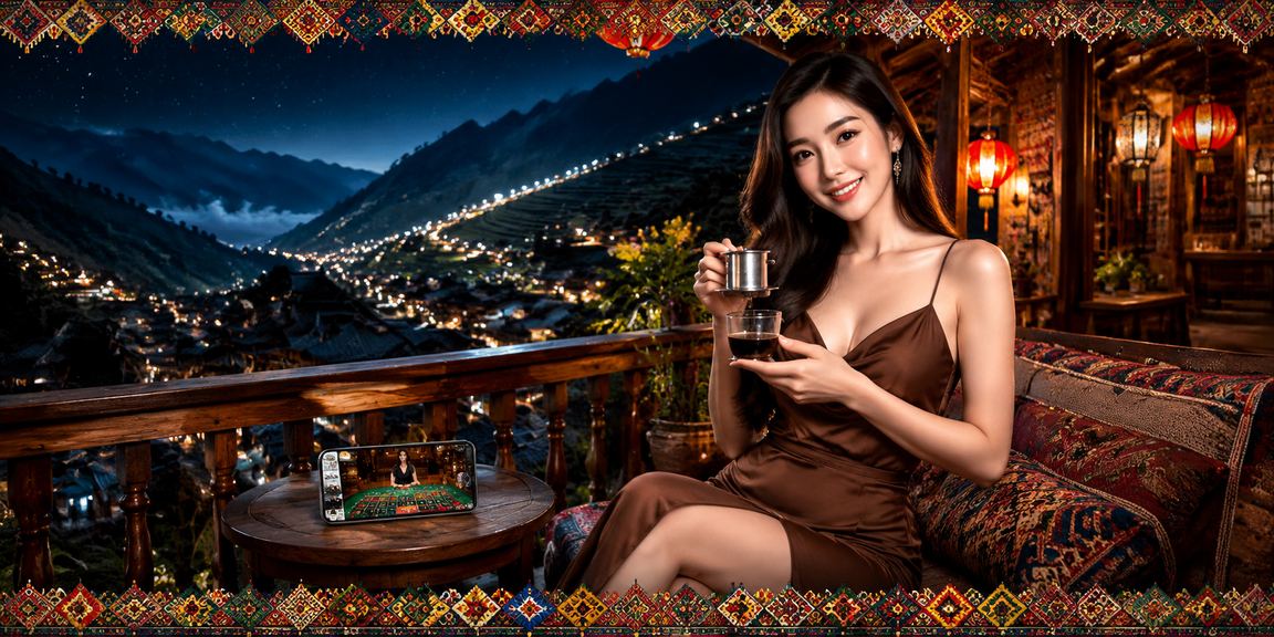 Khung cảnh Sapa buổi sáng – người dùng kiểm tra game và cược trực tuyến trên điện thoại bên tách cà phê